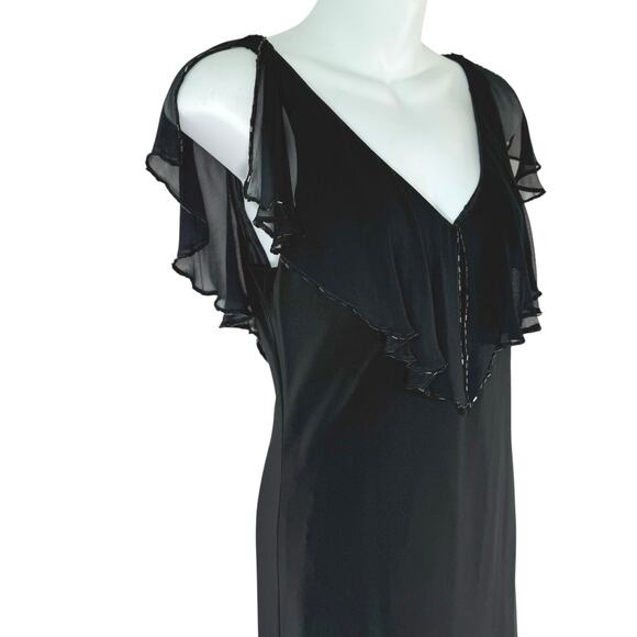 Jones NY Black Formal Maxi Dress Sz 8 Silk Trim Flutter Sleeve Gala V Neck Beads - Picture 3 of 15